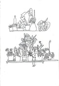 A black and white line art illustration depicting two shelves filled with various potted houseplants, including tall leafy varieties and smaller succulents, with a small hand-drawn figure standing below the lower shelf.