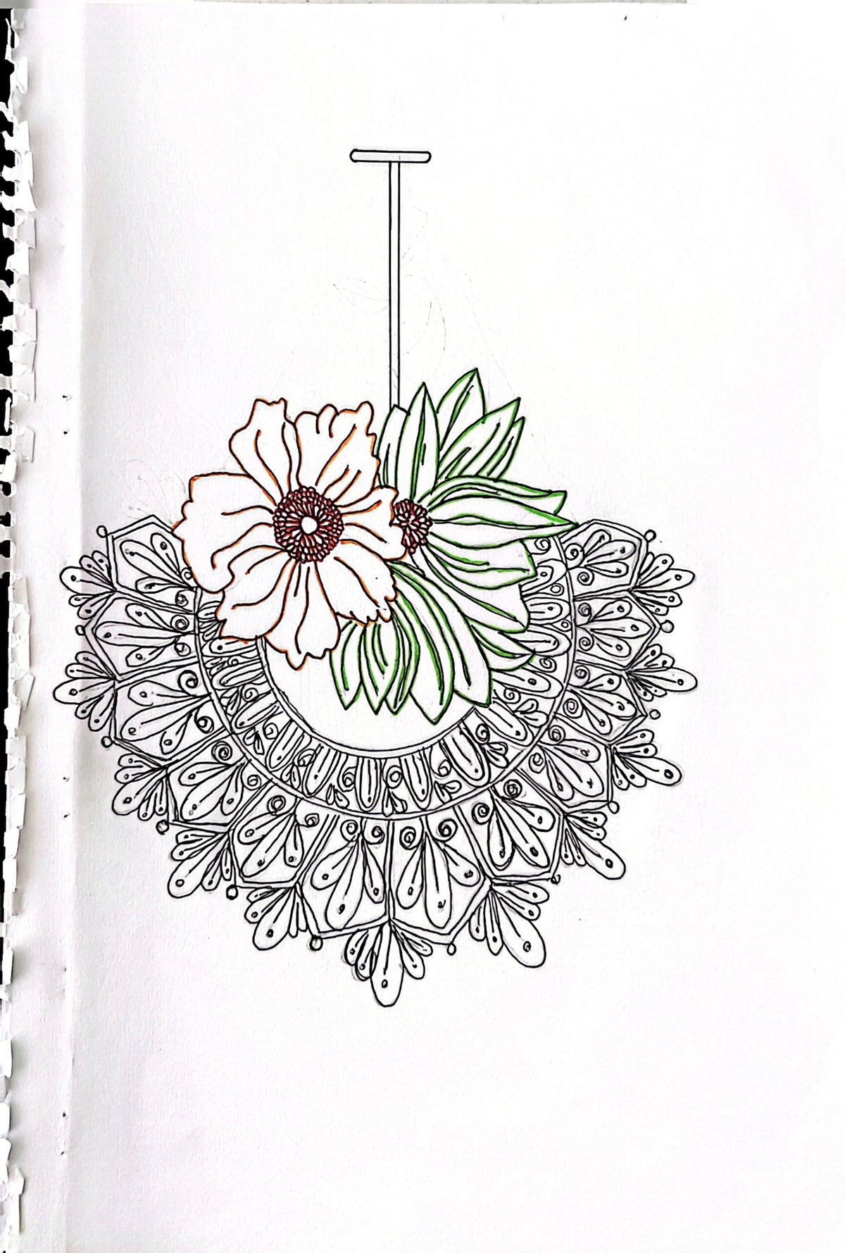 A hand-drawn or printed illustration of a floral pendant necklace design on a white background, featuring a large white flower with a brown center, green leaves, and an intricate black line pattern below.