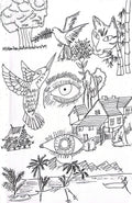 Hand-drawn surrealist sketch with birds, cat, eyes, and tropical landscape