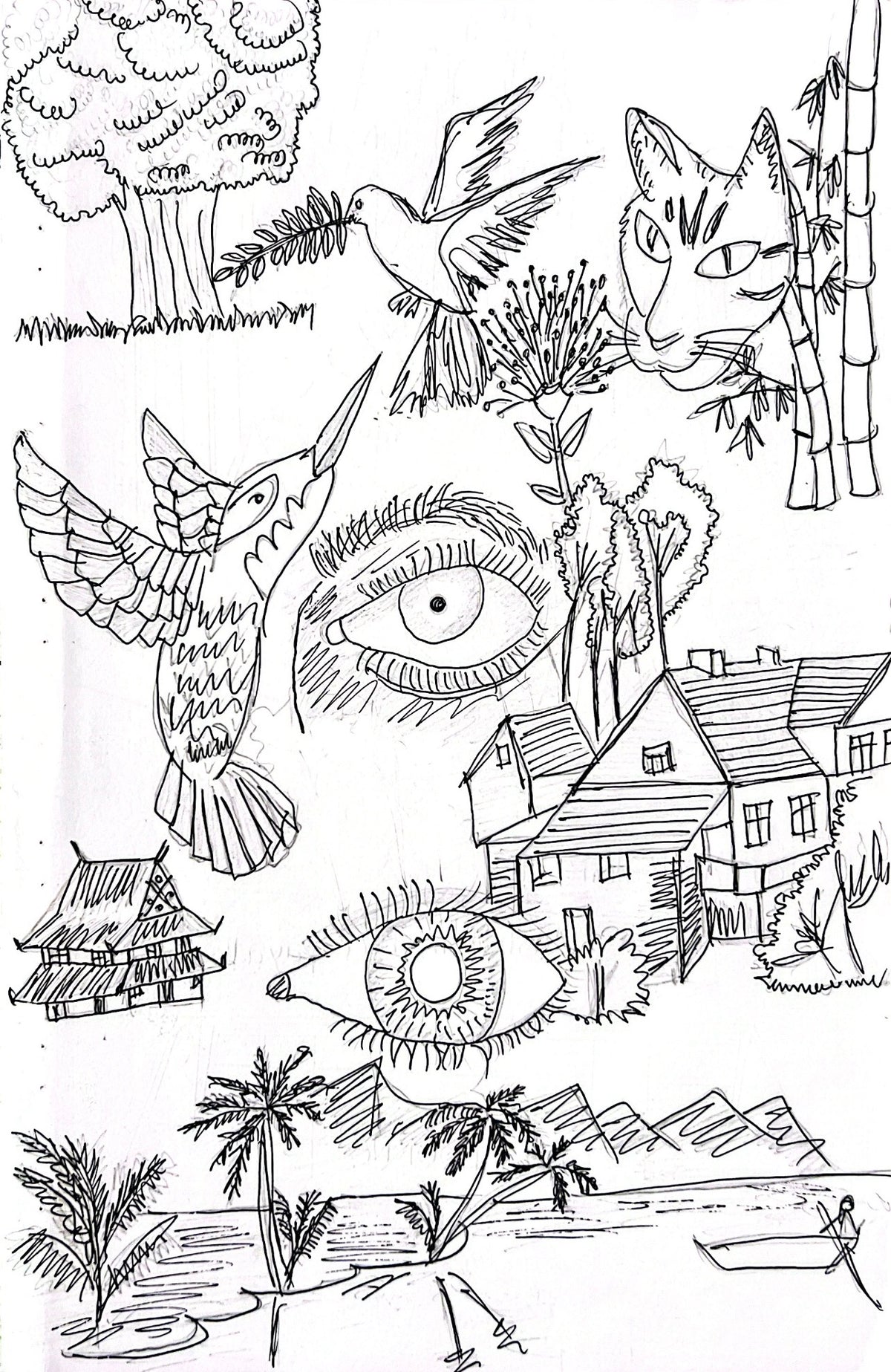 Hand-drawn surrealist sketch with birds, cat, eyes, and tropical landscape