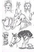 A black and white sketchbook page filled with various hand-drawn doodles, including faces, a horse, a bird, a chicken, and a tree.