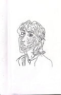 A minimalist black ink line drawing of a person's face and upper shoulders on a white background.