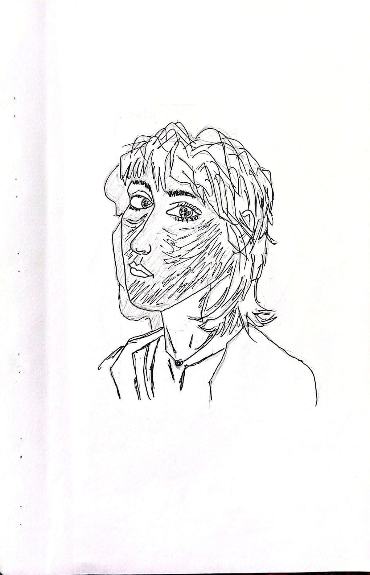 A minimalist black ink line drawing of a person's face and upper shoulders on a white background.