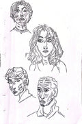 Four hand-drawn portrait sketches in black ink on white paper