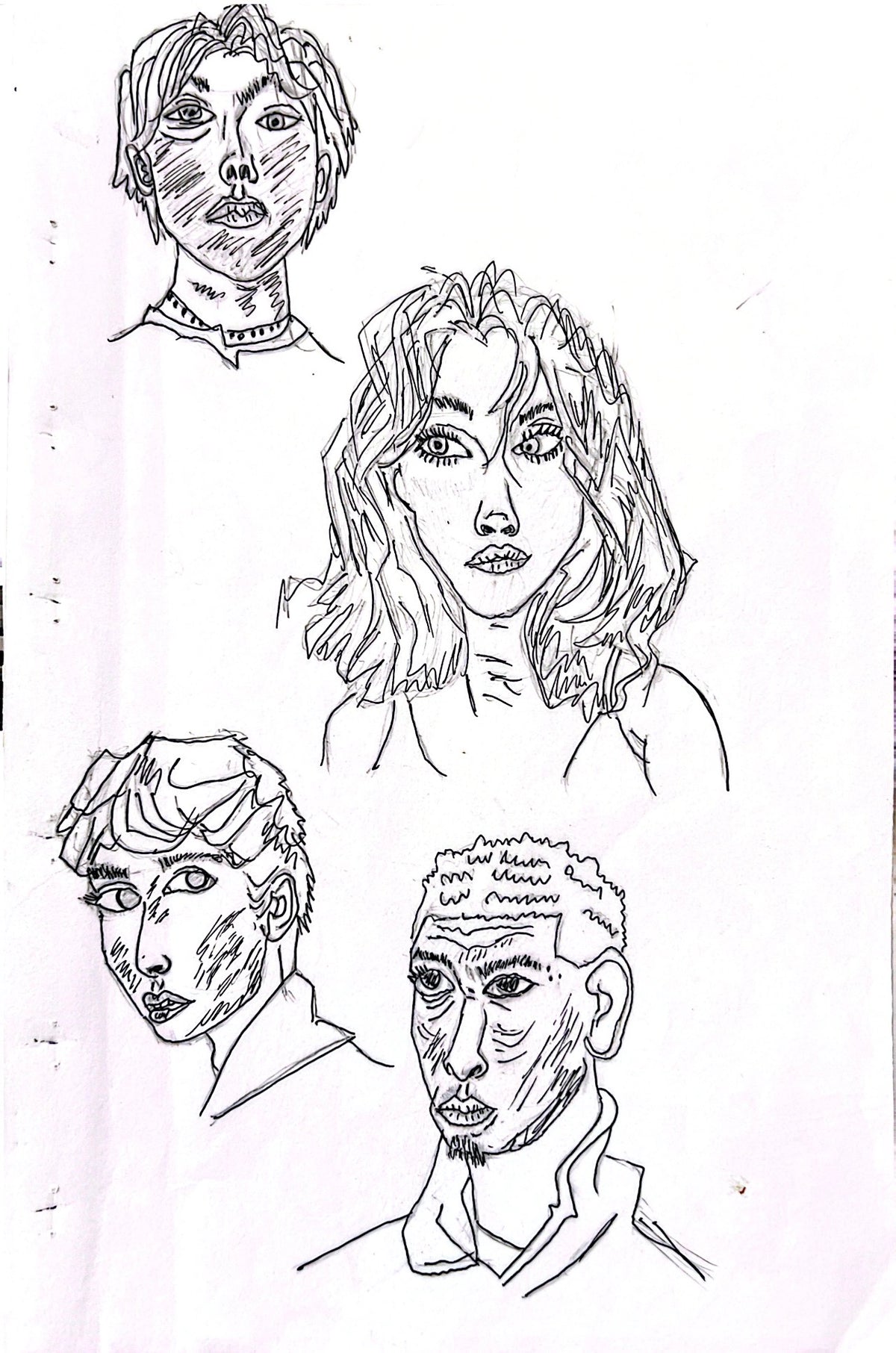 Four hand-drawn portrait sketches in black ink on white paper