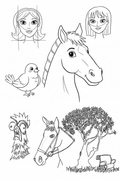 Kids black and white sketch art print featuring horses, birds and characters