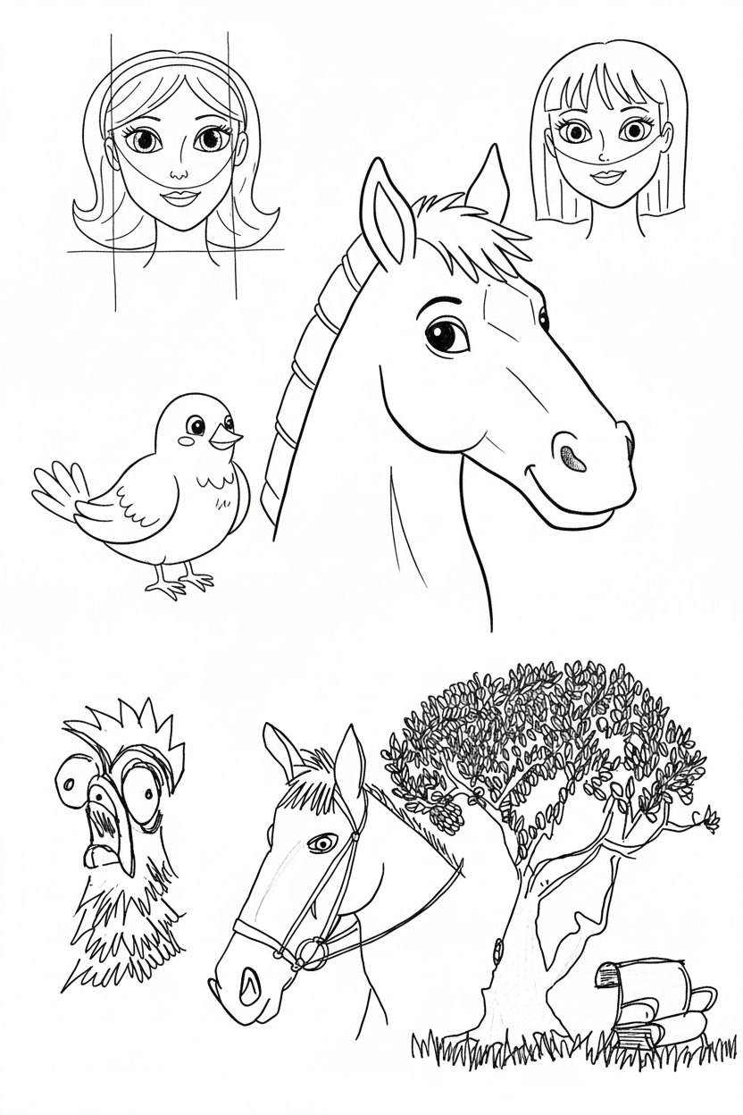 Kids black and white sketch art print featuring horses, birds and characters